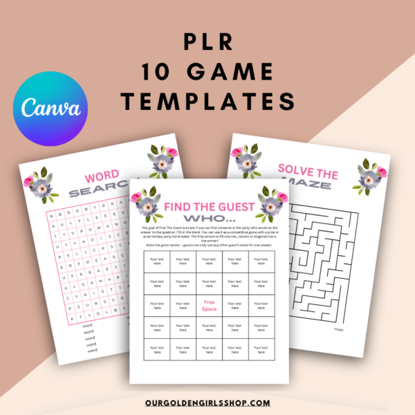 Thumbnails of three of ten editable Canva game templates