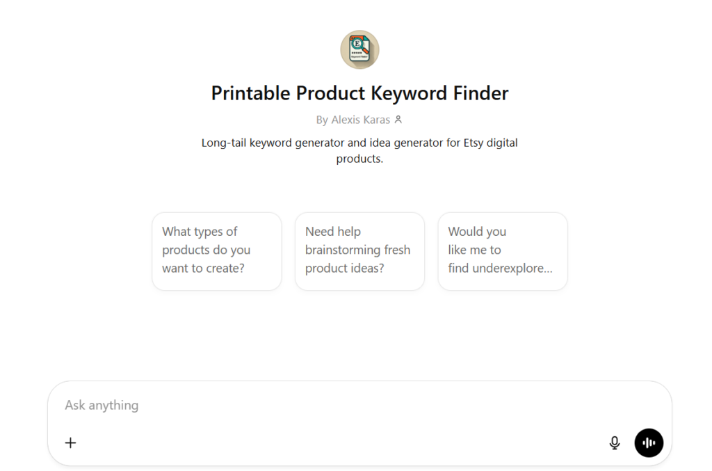 Screenshot of the printable product keyword finder GPT prompt page.