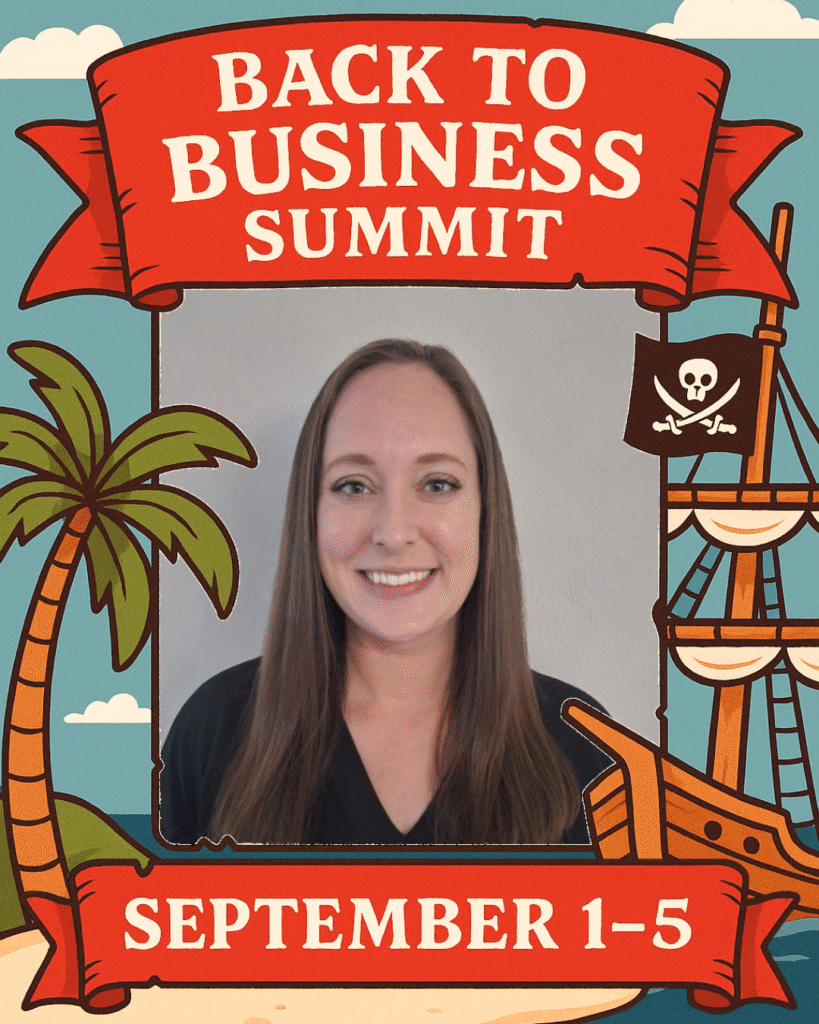 Back to Business Summit Sept 1-5 with a cartoon drawing of a ocean and beach and a cartoon pirate and palm tree