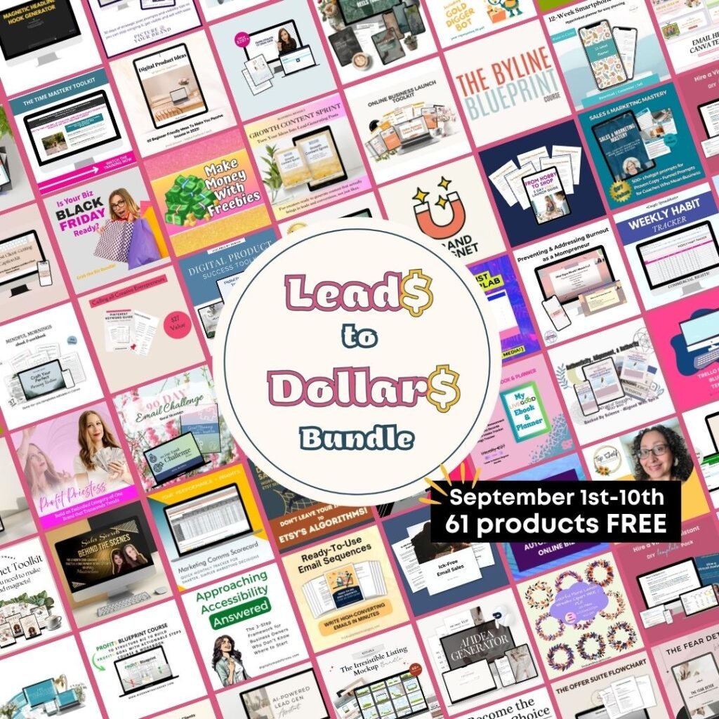 Leads to Dollars Bundle promo image with 50+ thumbnails of creator's products