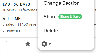 Snip of an Etsy listing setting for the Share button with Share & Save in green.