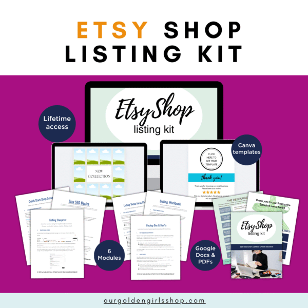 Images of the Etsy Shop Listing Kit displayed on monitors and as printed pages. All six module pages are shown. Lifetime access. Canva templates displayed on two screens. Google Docs and PDF format also.