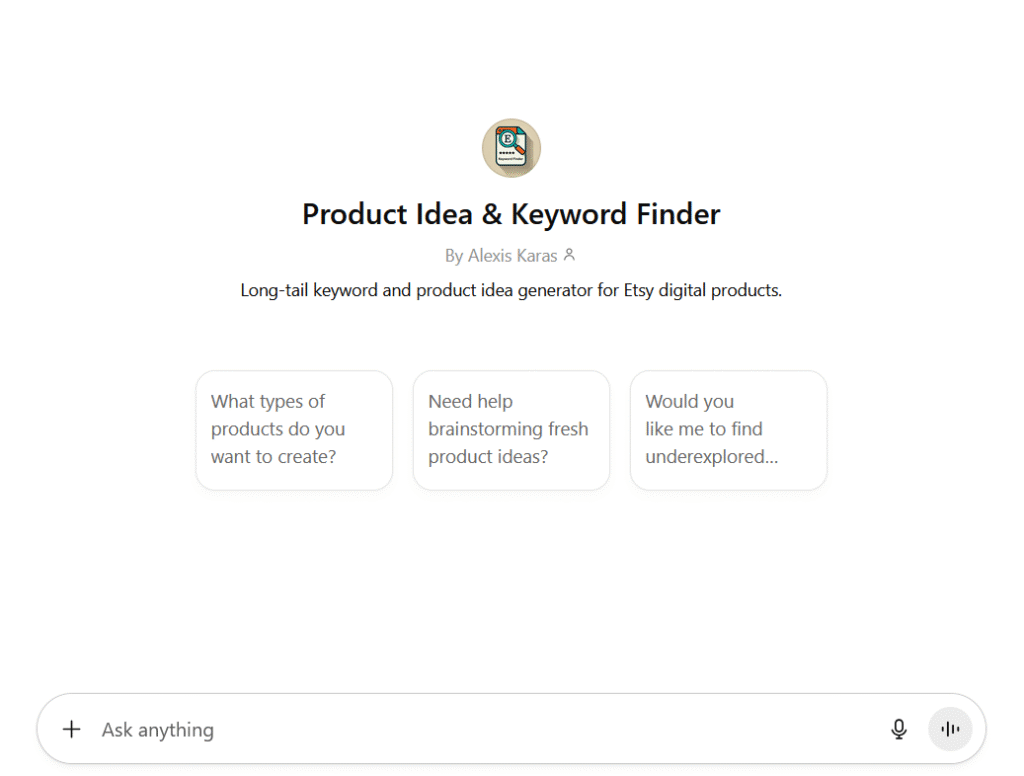 Screenshot of the product idea and keyword finder GPT prompt page.