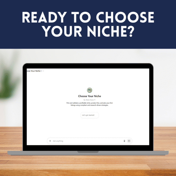 Ready to Choose Your Niche? in white font on a navy background with an image of a laptop sitting on a wooden desk. The laptop screen displays the Choose Your Niche GPT home screen.